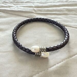 Genuine White Freshwater Pearls on purple braided bracelet w/silver tone crimps